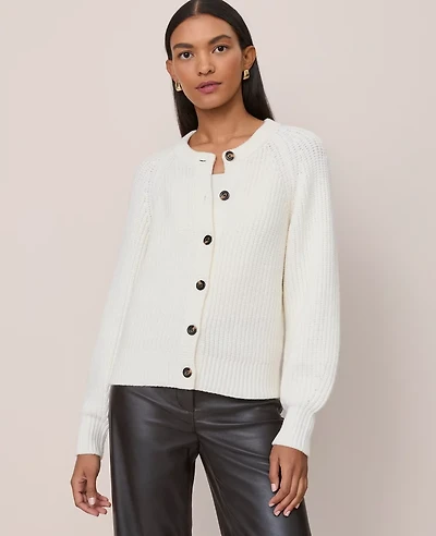 Ann Taylor Chunky Ribbed Crew Neck Cardigan Winter White Women's