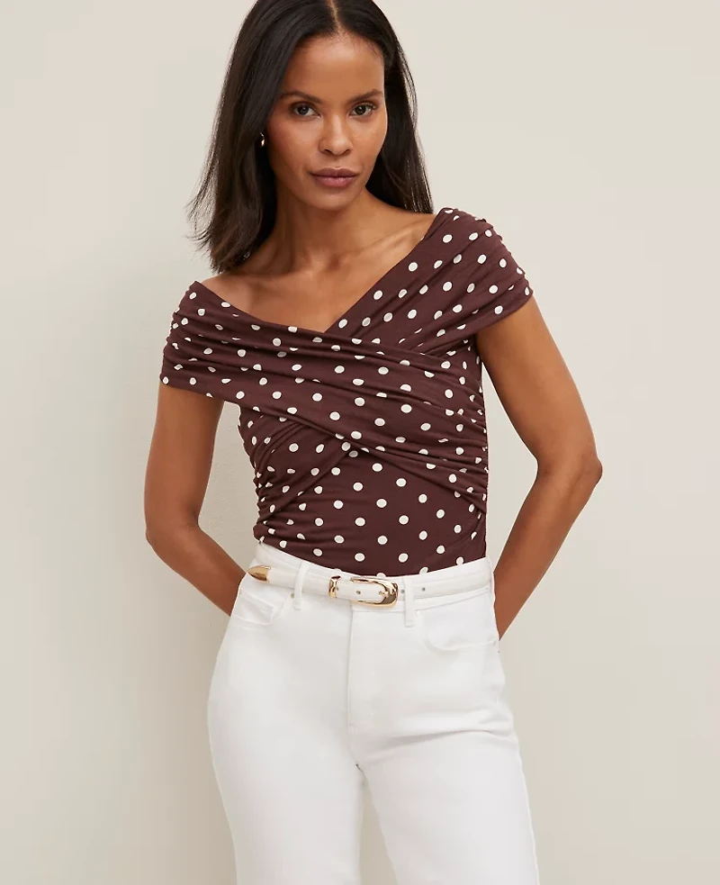 Ann Taylor Petite Dotted Crisscross Off-The-Shoulder Top Rich Walnut Women's