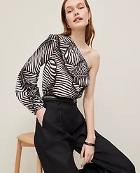 Ann Taylor Petite One-Shoulder Blouse Palm Print Black Women's