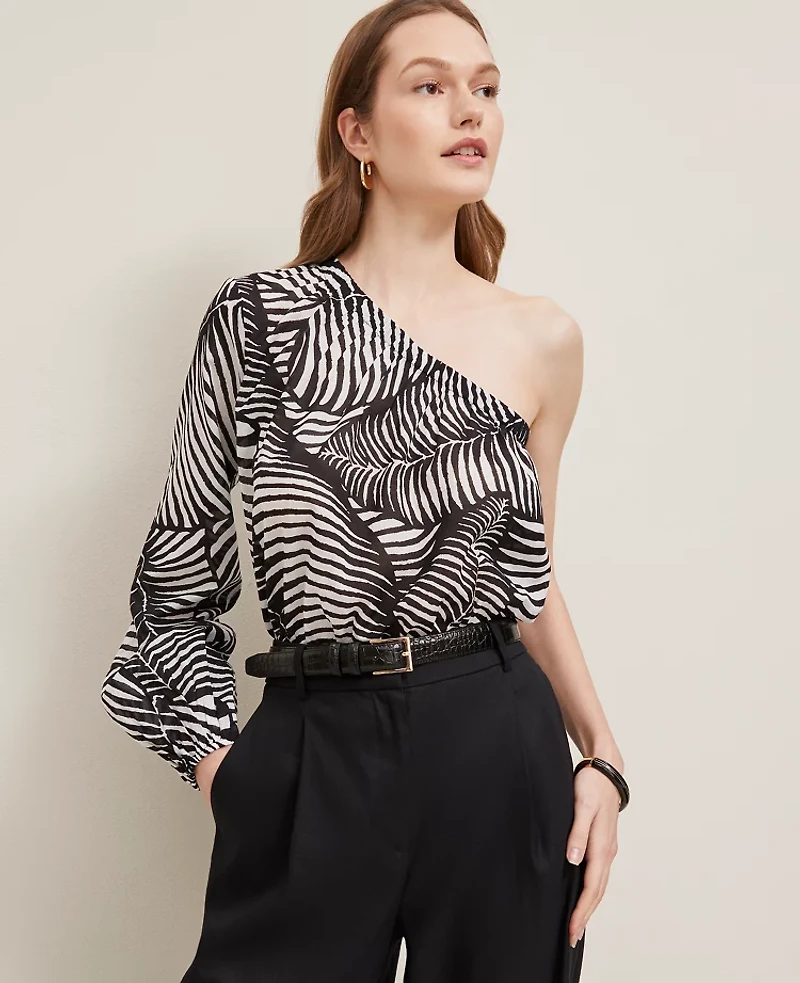 Ann Taylor Petite One-Shoulder Blouse Palm Print Black Women's