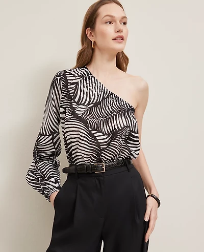 Ann Taylor Petite One-Shoulder Blouse Palm Print Black Women's