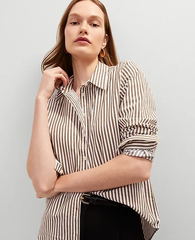 Ann Taylor Striped Relaxed Perfect Shirt Pecan Women's