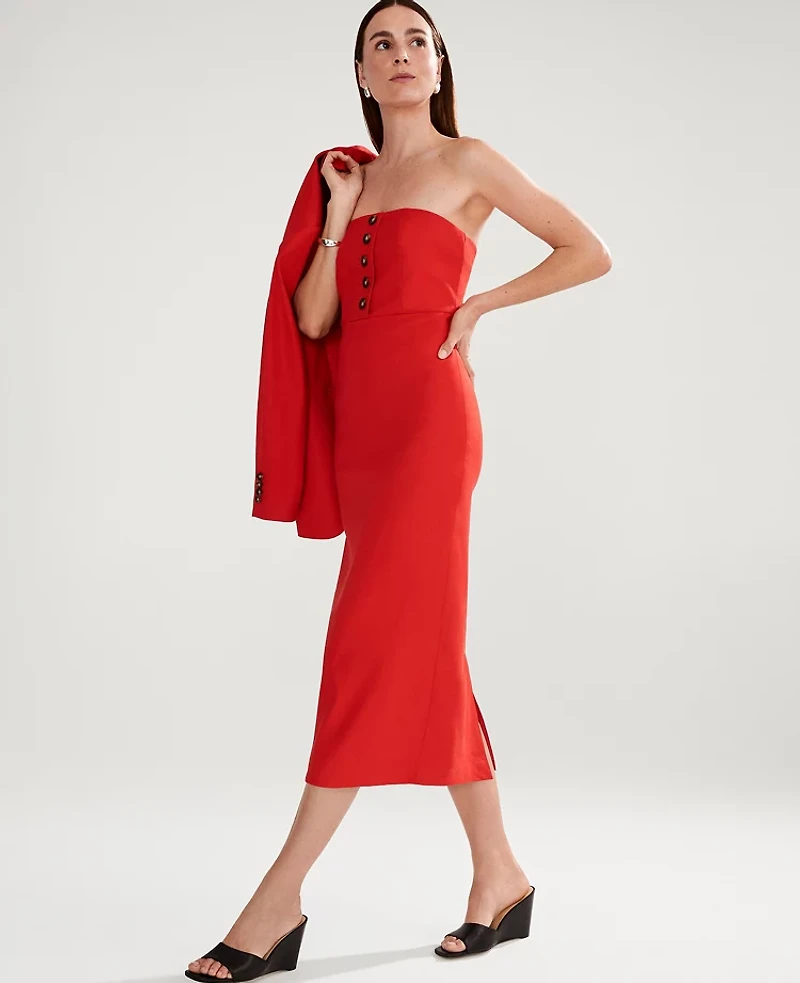 Ann Taylor The Petite Buttoned Strapless Dress Linen Blend Fiery Red Women's