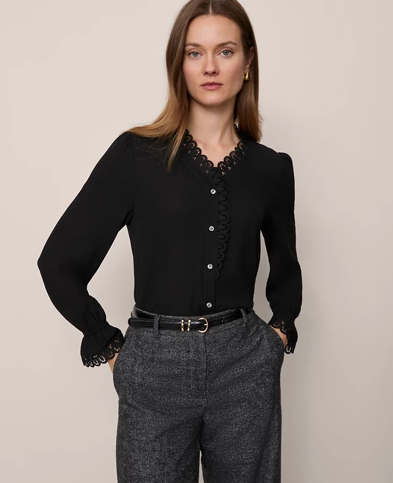 Ann Taylor Lace Ruffle Trim Blouse Women's