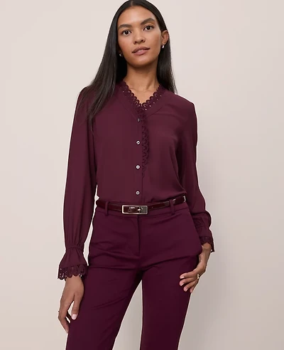 Ann Taylor Lace Ruffle Trim Blouse Size Medium Poised Plum Women's