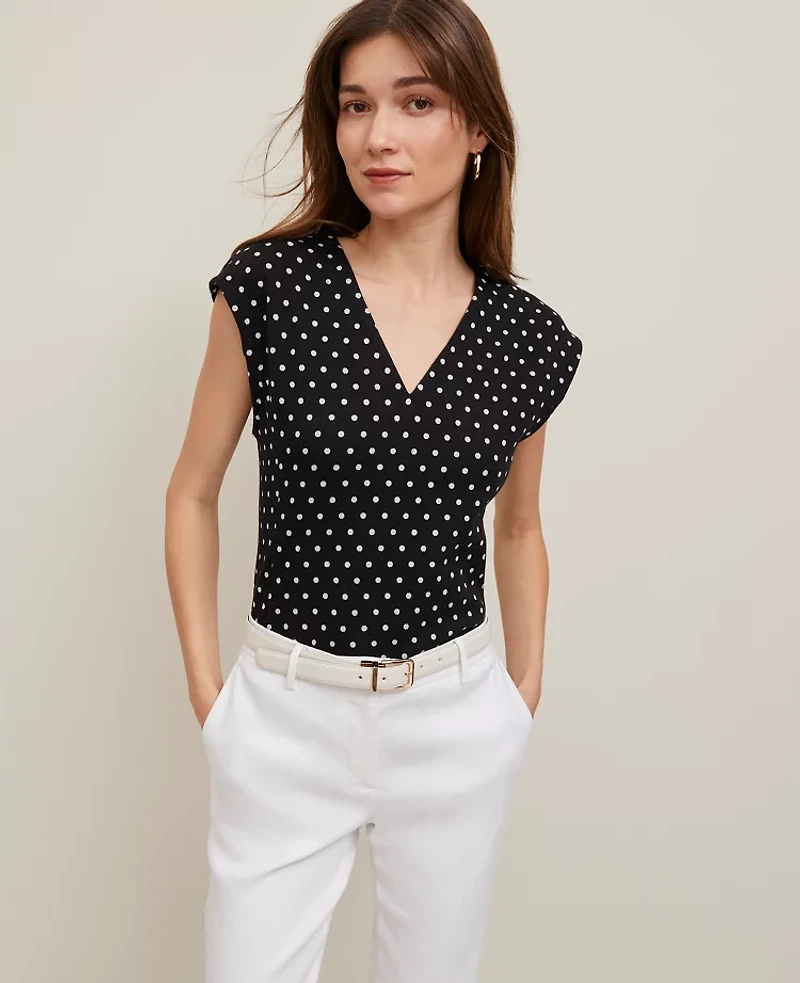 Ann Taylor Dotted Ponte Cap Sleeve Top Size XL Black Women's