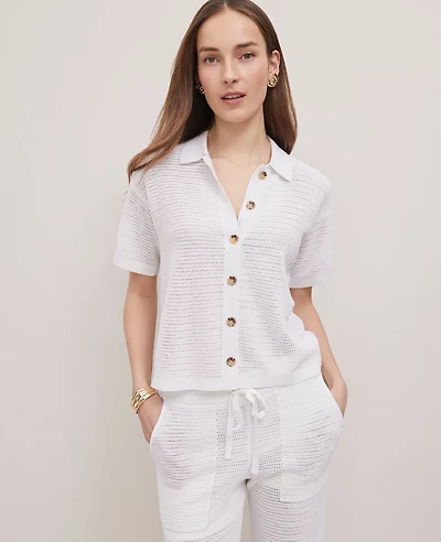 Ann Taylor Petite Weekend Collection Mesh Collared Cardigan Size XS White Women's