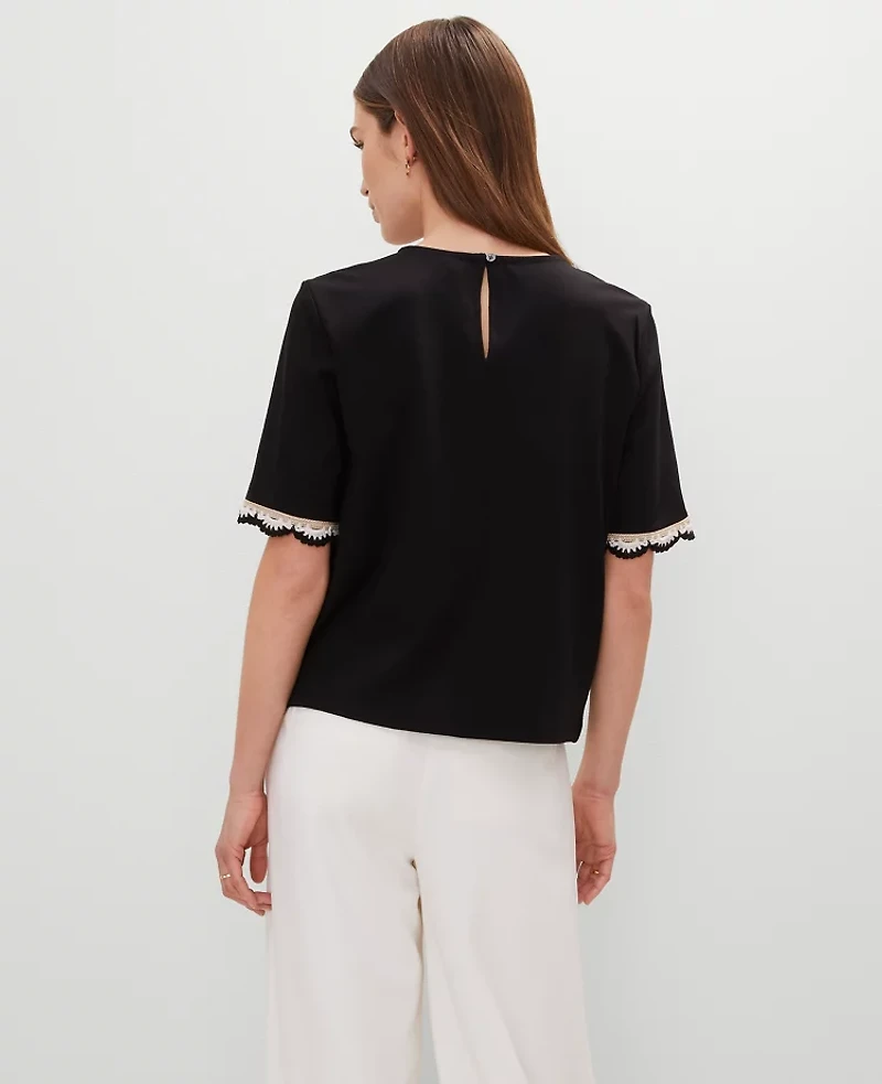 Ann Taylor Crochet Trim Ponte Top Size Small Black Women's