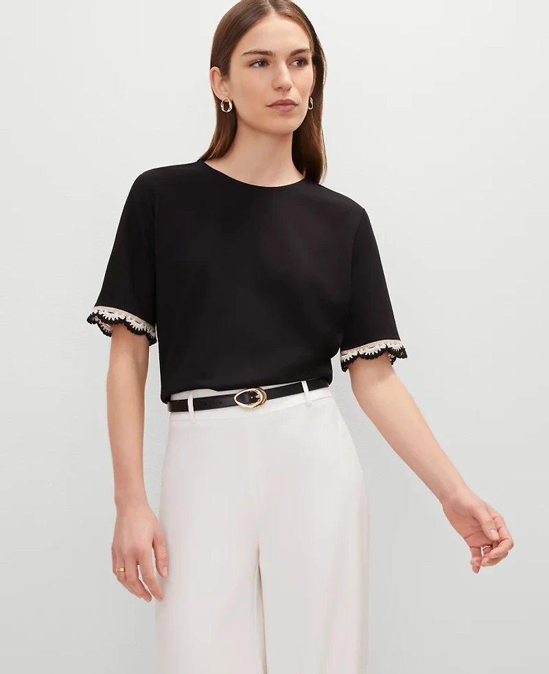 Ann Taylor Crochet Trim Ponte Top Size Small Black Women's