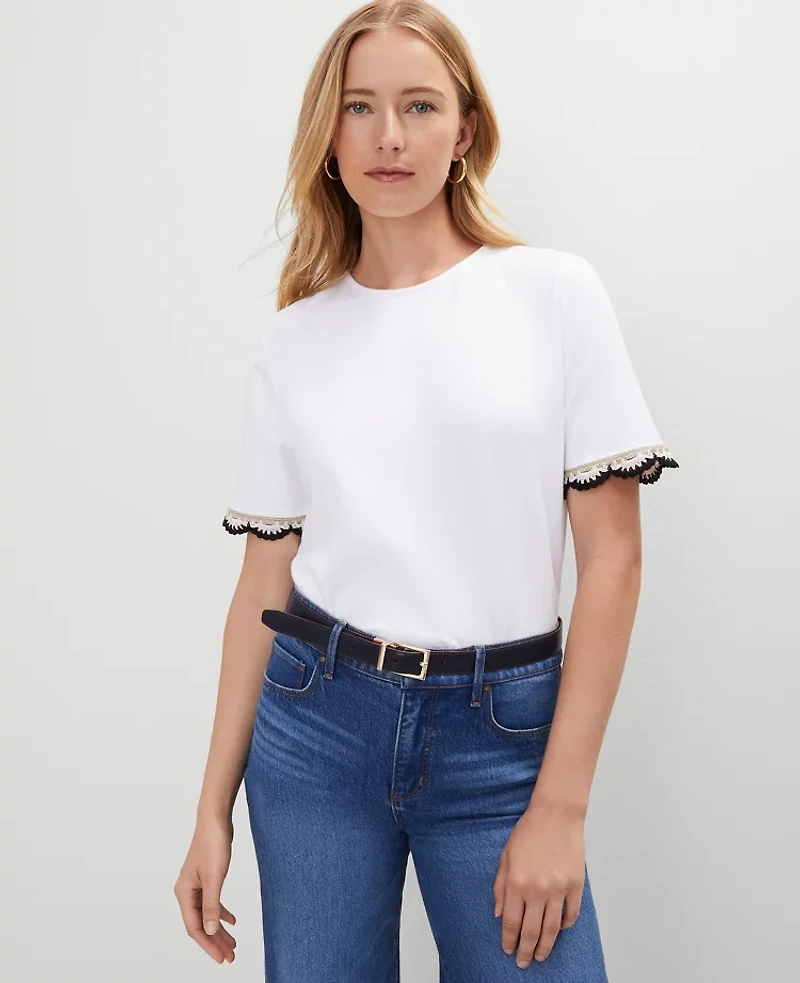 Ann Taylor Crochet Trim Ponte Top White Women's