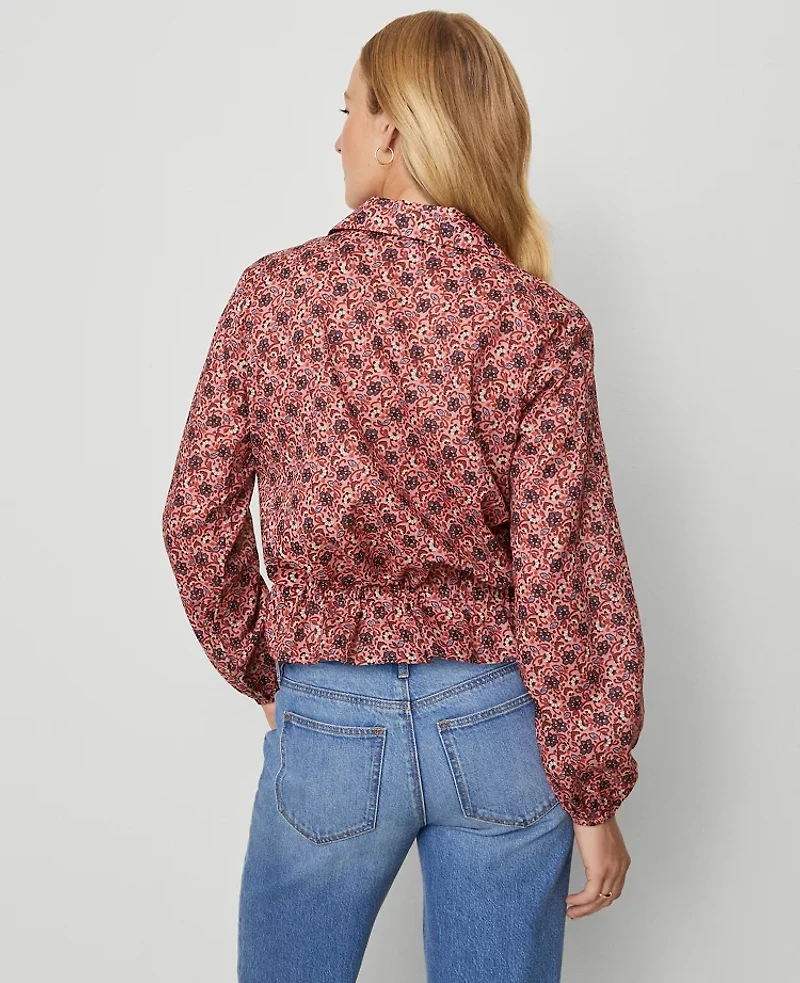 Ann Taylor Weekend Collection Floral Tie Waist Popover Top French Pink Clay Women's