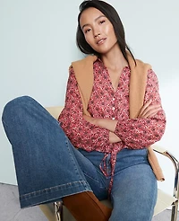 Ann Taylor Weekend Collection Floral Tie Waist Popover Top French Pink Clay Women's