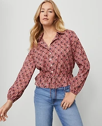 Ann Taylor Weekend Collection Floral Tie Waist Popover Top French Pink Clay Women's