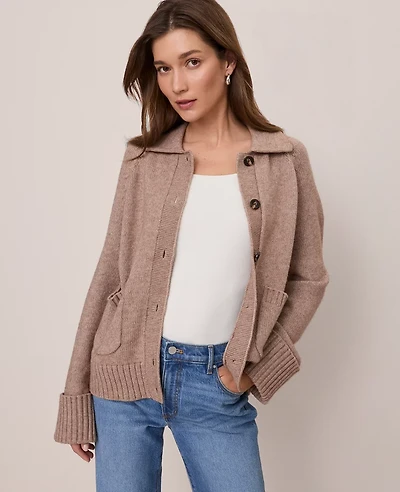 Ann Taylor Weekend Collection Collared Cardigan Size Medium Vintage Taupe Melange Women's