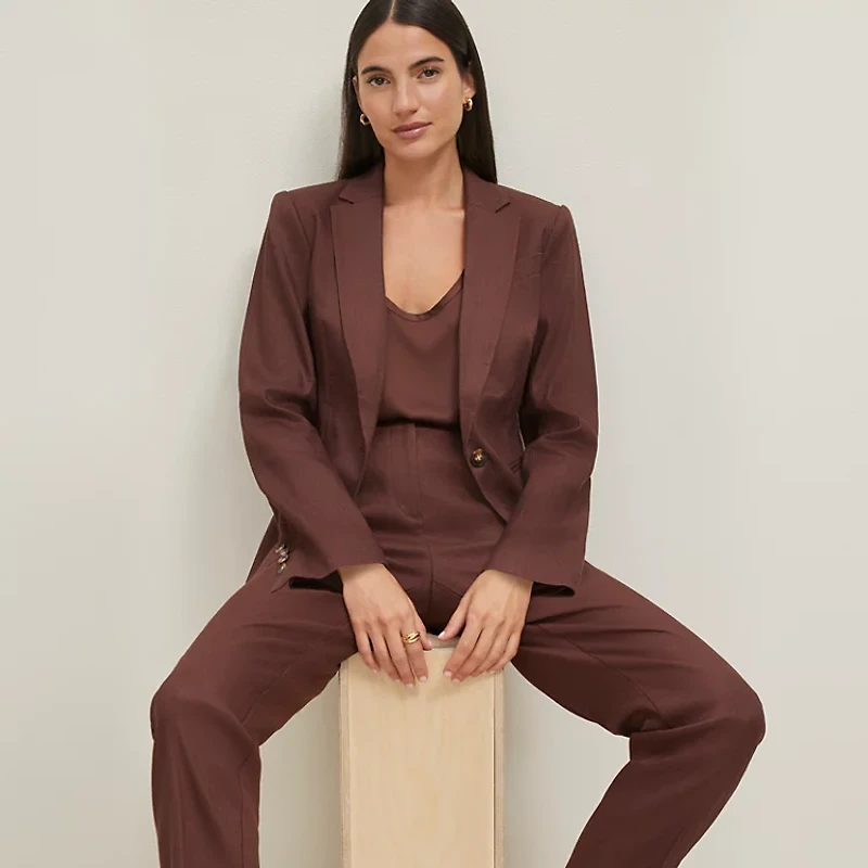 Ann Taylor The Petite Notched One Button Blazer Linen Blend Rich Walnut Women's