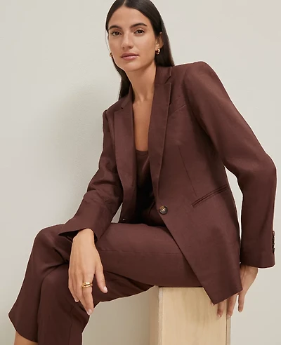 Ann Taylor The Petite Notched One Button Blazer in Linen Blend Size 6 Rich Walnut Women's