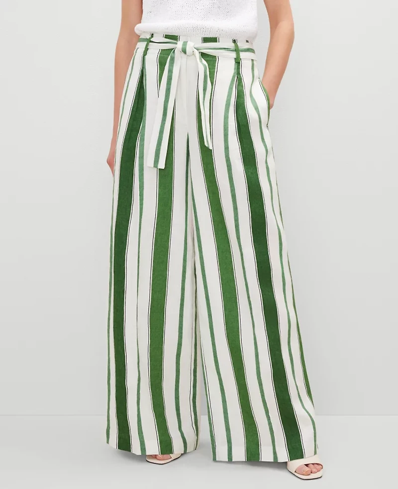Ann Taylor The Petite Tie Waist Wide Leg Pant Linen Leafy Green Women's