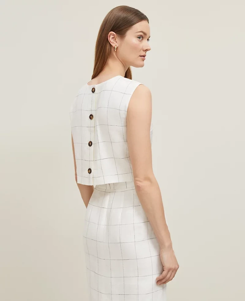 Ann Taylor The Petite Button Back Cropped Top Windowpane Linen Blend White/Black Multi Women's