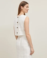 Ann Taylor The Petite Button Back Cropped Top Windowpane Linen Blend White/Black Multi Women's