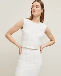 Ann Taylor The Petite Button Back Cropped Top Windowpane Linen Blend White/Black Multi Women's
