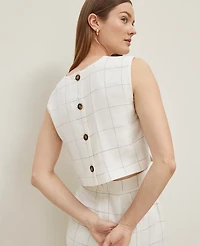 Ann Taylor The Petite Button Back Cropped Top Windowpane Linen Blend White/Black Multi Women's