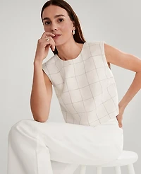 Ann Taylor The Petite Button Back Cropped Top Windowpane Linen Blend White/Black Multi Women's