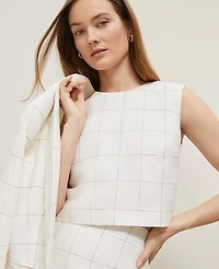 Ann Taylor The Petite Button Back Cropped Top Windowpane Linen Blend White/Black Multi Women's