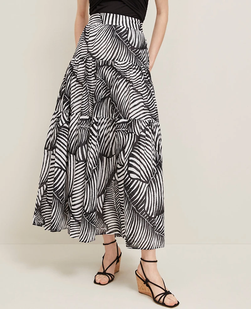 Ann Taylor Petite Tiered Full Skirt Palm Print Black Women's