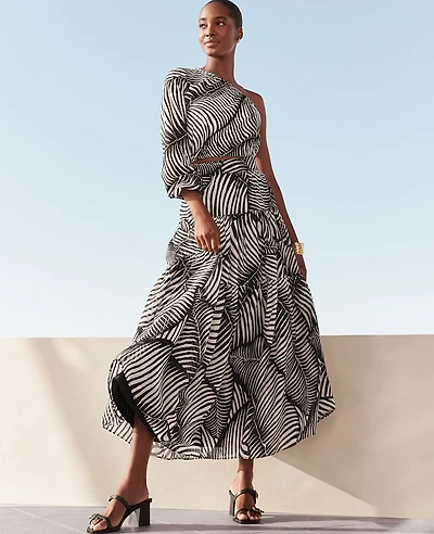 Ann Taylor Petite Tiered Full Skirt Palm Print Black Women's
