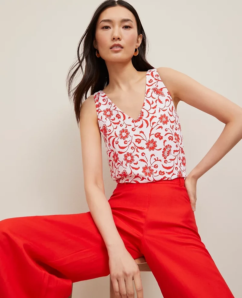 Ann Taylor Mixed Media V-Neck Tank Top Fiery Red Women's
