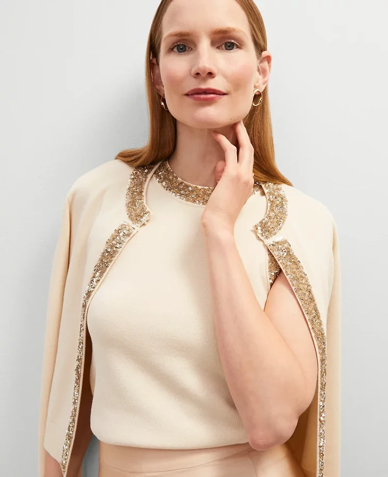 Ann Taylor Studio Collection Sequin Trimmed Open Cardigan Seedpearl Women's