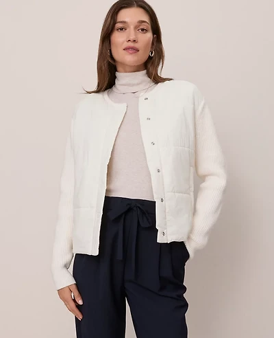 Ann Taylor Weekend Collection Quilted Woven Sweater Jacket Winter White Women's
