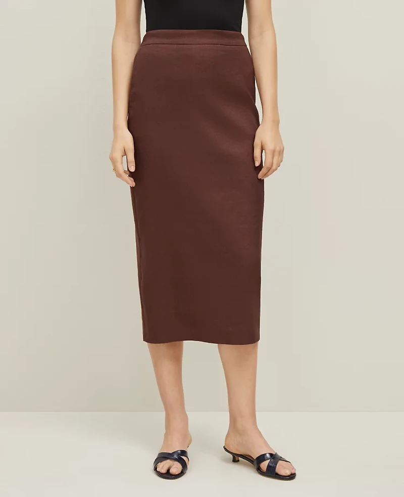 Ann Taylor The Petite Clean Midi Skirt Linen Blend Rich Walnut Women's