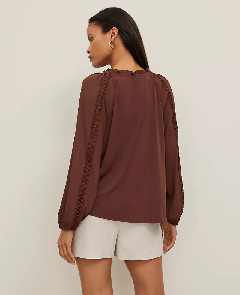 Ann Taylor Lace Sleeve Mixed Media Top Rich Walnut Women's