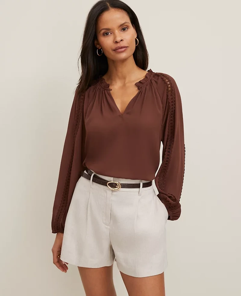 Ann Taylor Lace Sleeve Mixed Media Top Rich Walnut Women's