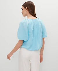 Ann Taylor Petite Linen Blend Bubble Hem Blouse Gulf Stream Blue Women's