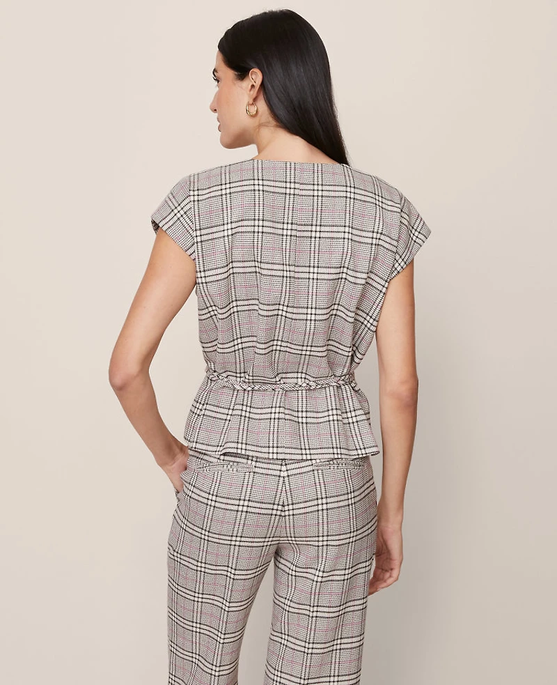 Ann Taylor Plaid Wrap Tie Waist Blouse Pale Sandalwood Women's