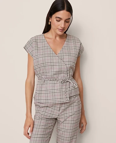 Ann Taylor Plaid Wrap Tie Waist Blouse Pale Sandalwood Women's