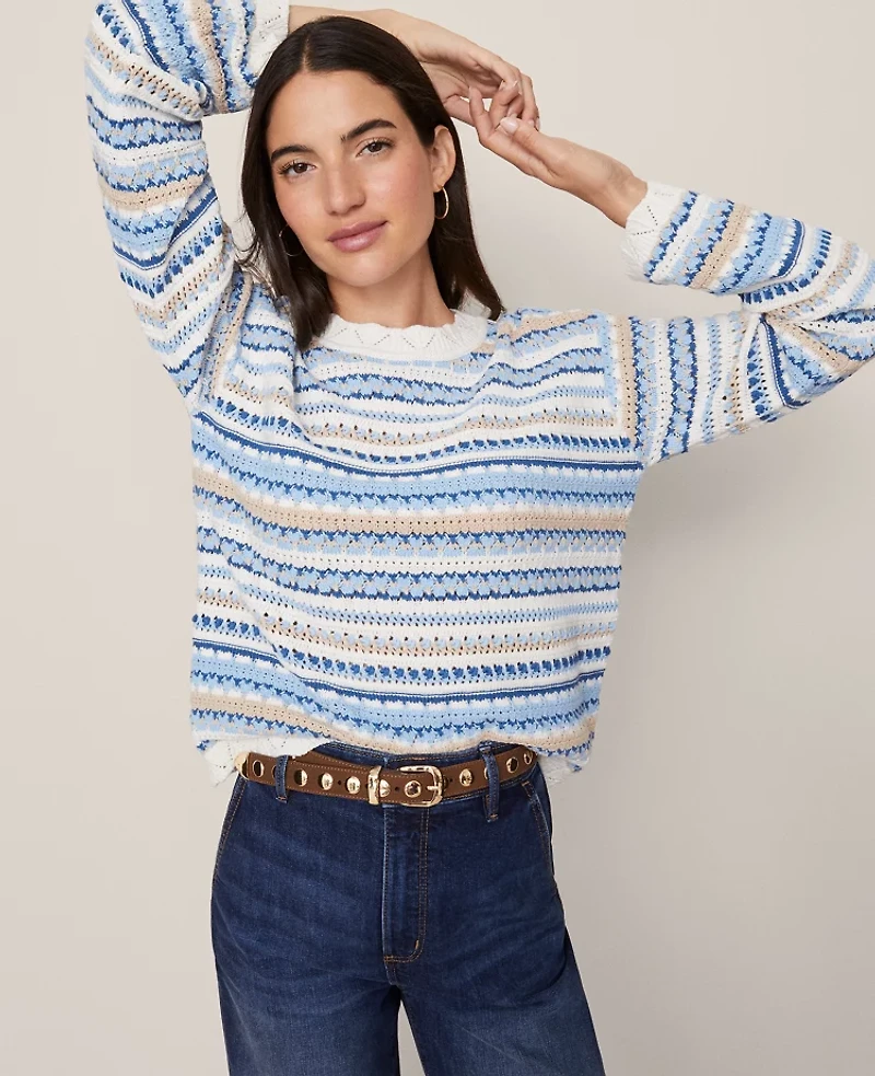 Ann Taylor Weekend Collection Striped Mixed Stitch Sweater Park Fountain Women's
