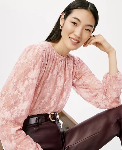 Ann Taylor Crew Neck Shirred Blouse Pale Mauve Women's