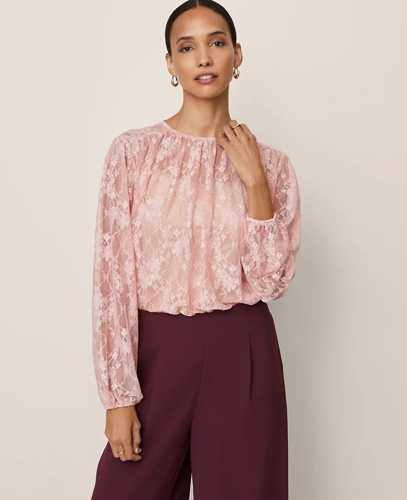 Ann Taylor Crew Neck Shirred Blouse Pale Mauve Women's