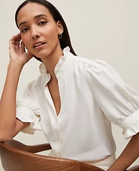 Ann Taylor Petite Ruffle Collar Shirt Size Large Winter White Women's