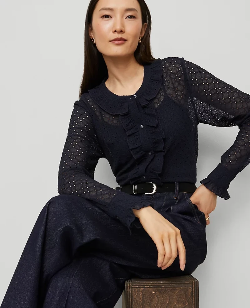 Ann Taylor Lace Ruffle Trim Blouse Women's