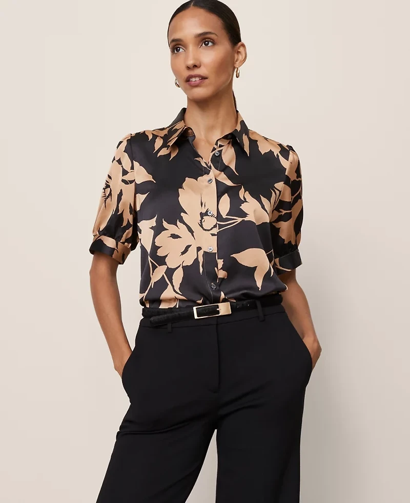 Ann Taylor Floral Satin Blouse Cafe Au Lait Women's