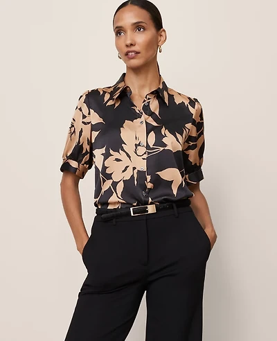 Ann Taylor Floral Satin Blouse Cafe Au Lait Women's