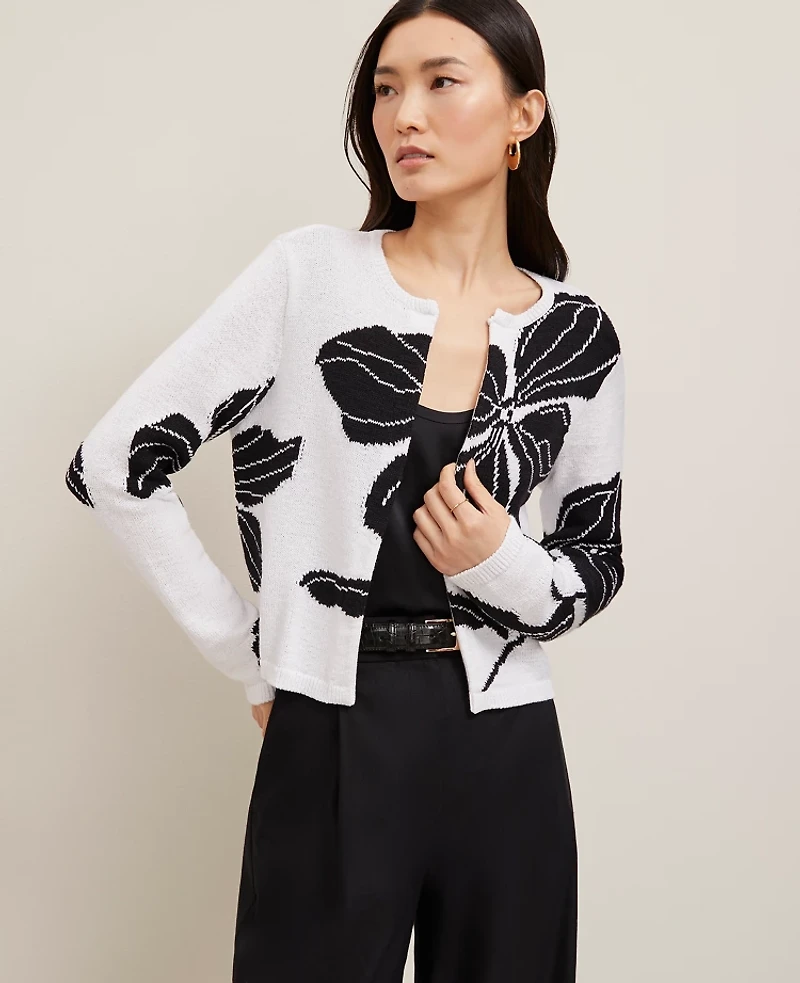 Ann Taylor Floral Jacquard Open Cardigan White- Black Women's