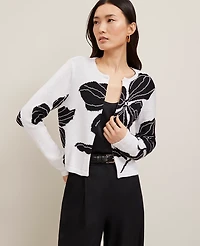 Ann Taylor Floral Jacquard Open Cardigan White- Black Women's