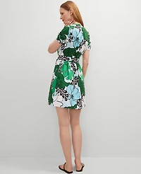 Ann Taylor Floral Belted Split Neck Dress Leafy Green Women's