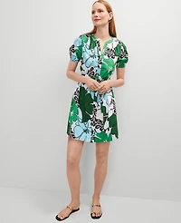 Ann Taylor Floral Belted Split Neck Dress Leafy Green Women's