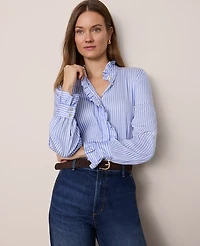 Ann Taylor Striped Ruffle Collar Blouse Light Blue/White Stripe Women's